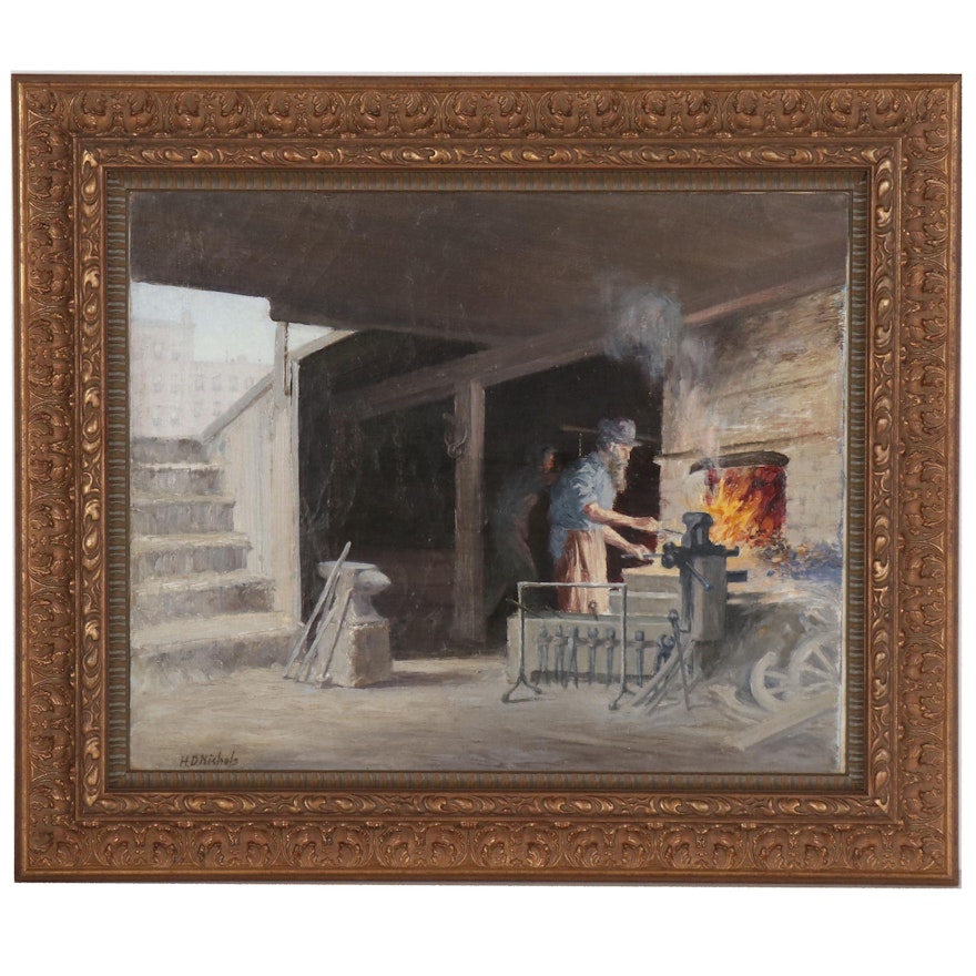 Harley DeWitt Nichols Oil Painting of Blacksmith "A Scene in New York"