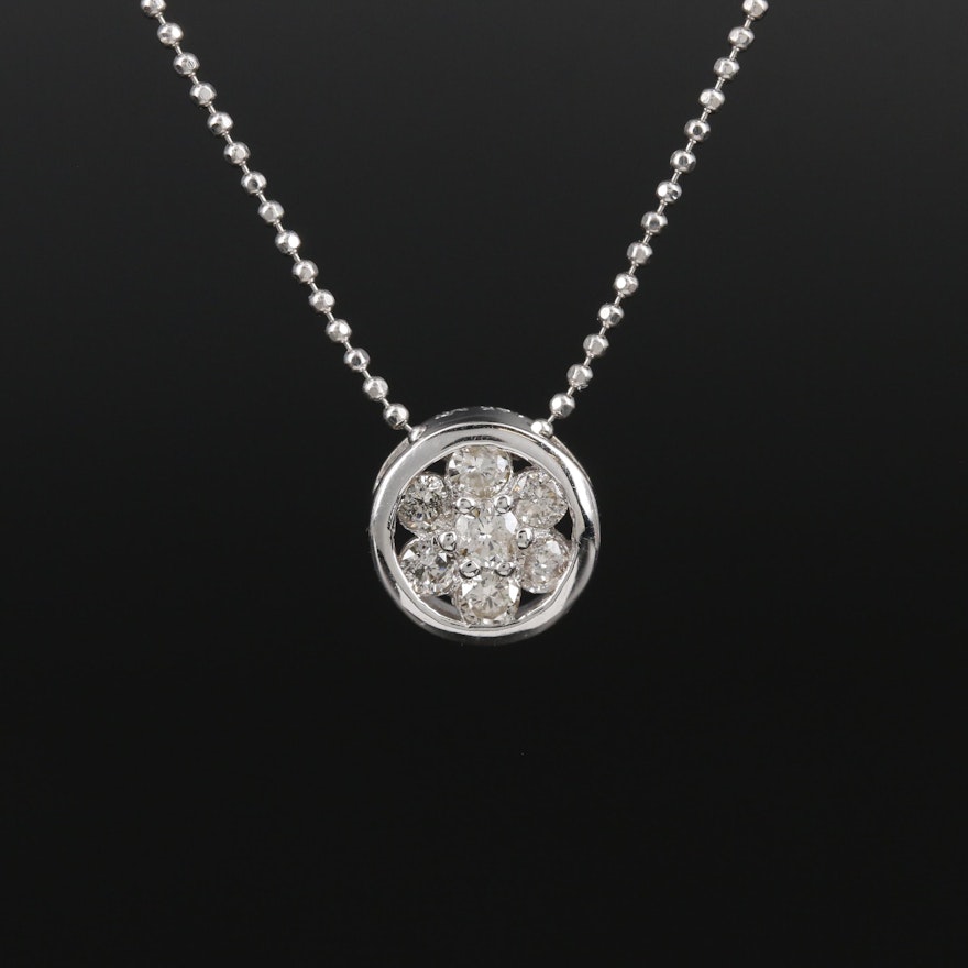 14K White Gold Diamond Pendant Necklace Featuring Bead Chain