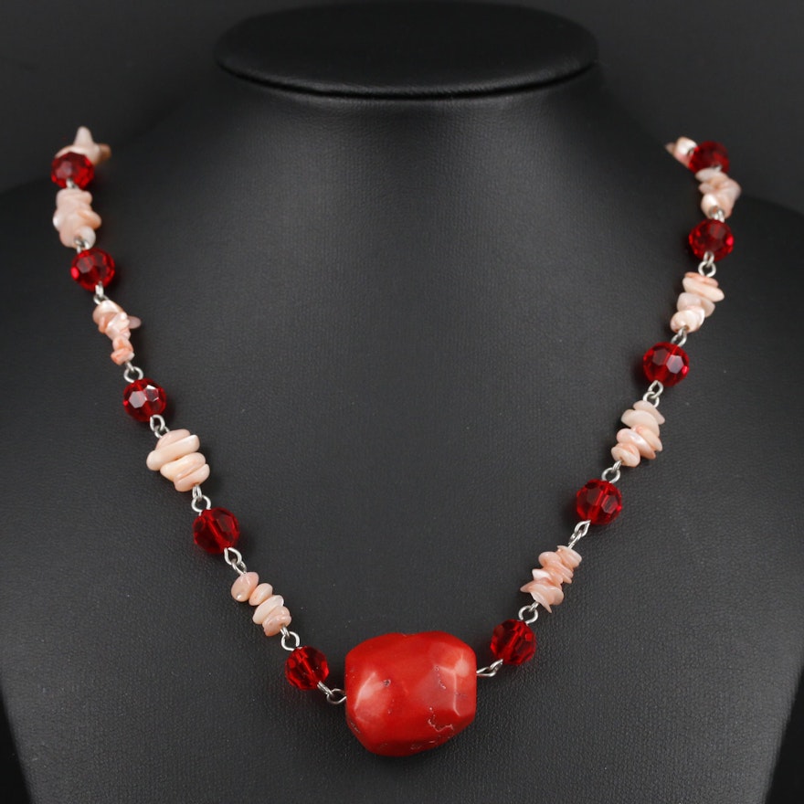 Beaded Coral, Glass, and Shell Wire Necklace
