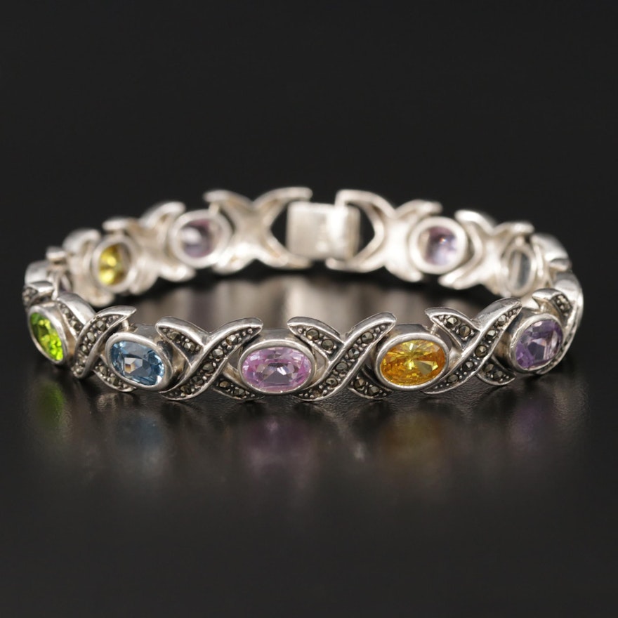 Sterling Bracelet with Marcasite, Amethyst and Synthetic Pink Sapphire