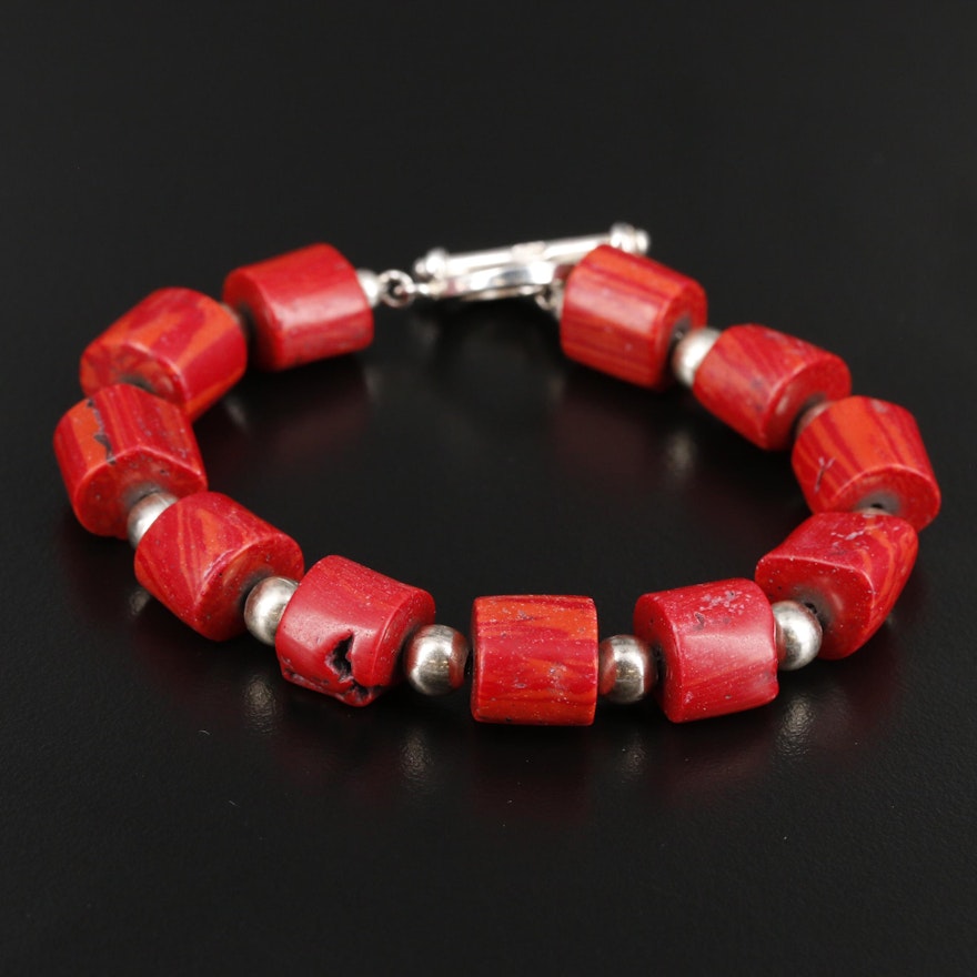 Sterling Silver Beaded Coral Bracelet