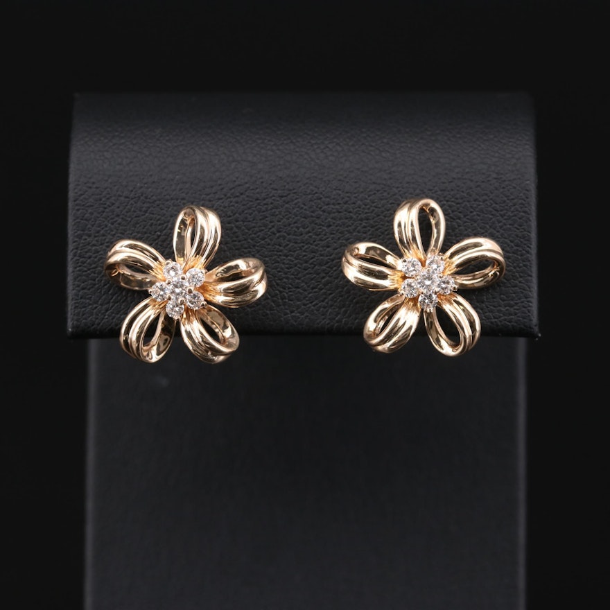 14K Yellow Gold Diamond Floral Earrings