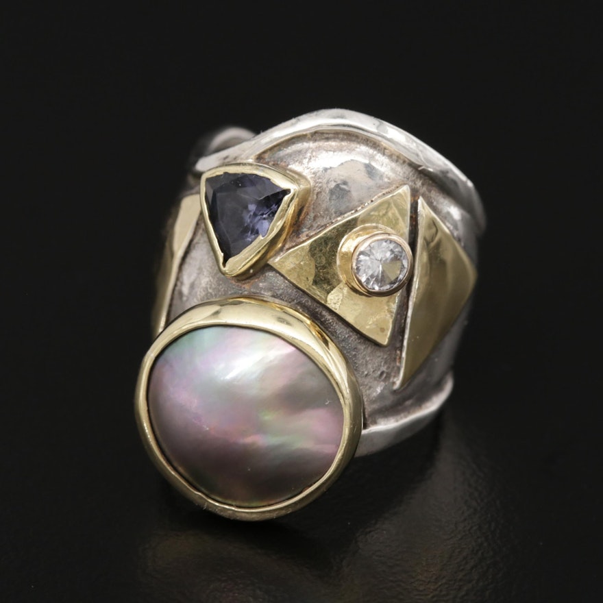 Sterling Signed  Amethyst, White Sapphire and Pearl Ring