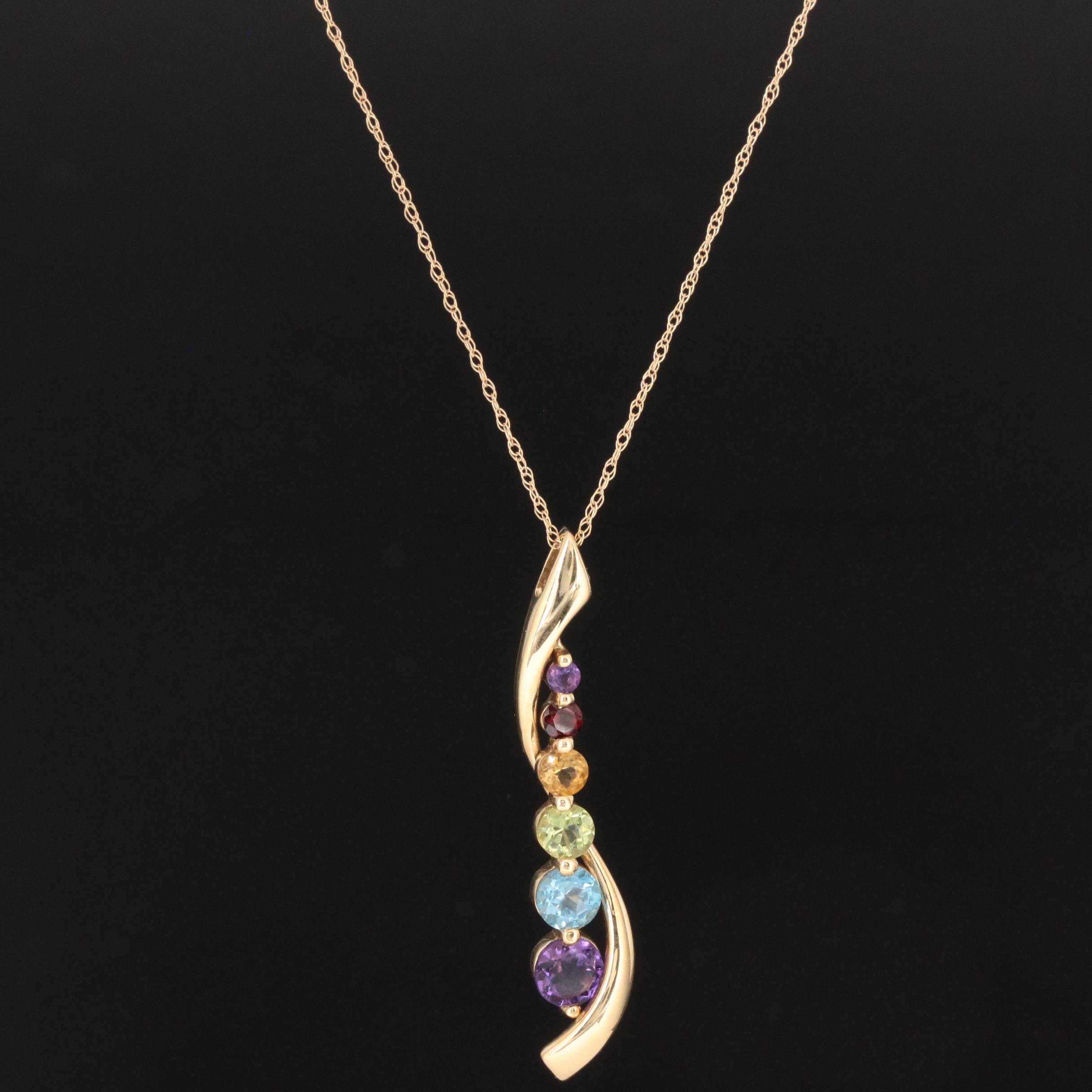14K Yellow Gold Necklace with Garnet, Citrine, Peridot, Topaz and Amethyst
