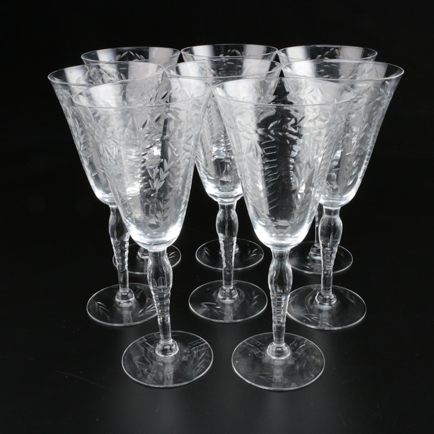 American Etched Glass Wine Glasses, Mid to Late 20th Century