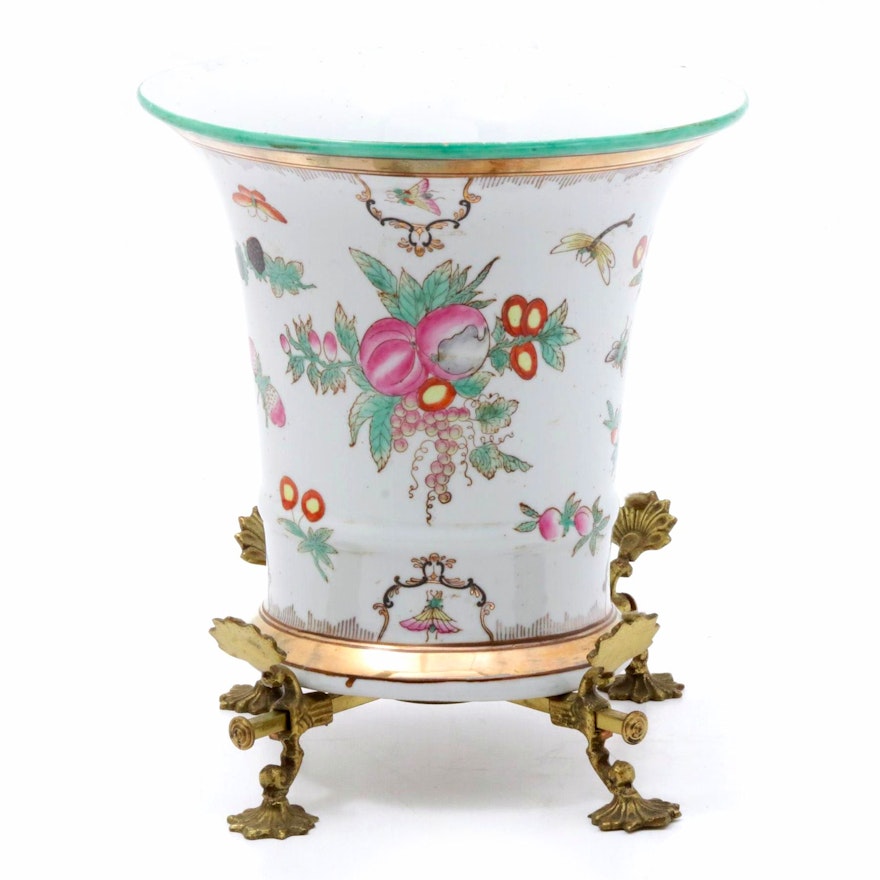 Chinese Hand-Painted Porcelain Vase with Metal Stand