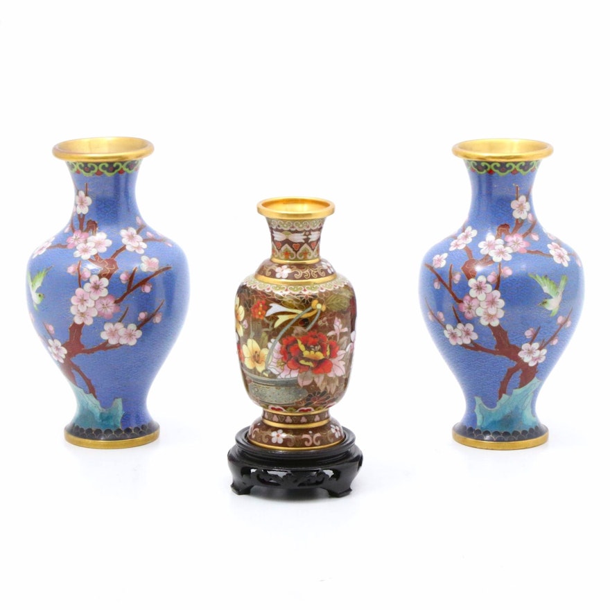 Chinese Cloisonné Enamel Vases with Sparrow and Blossom and Floral Motifs