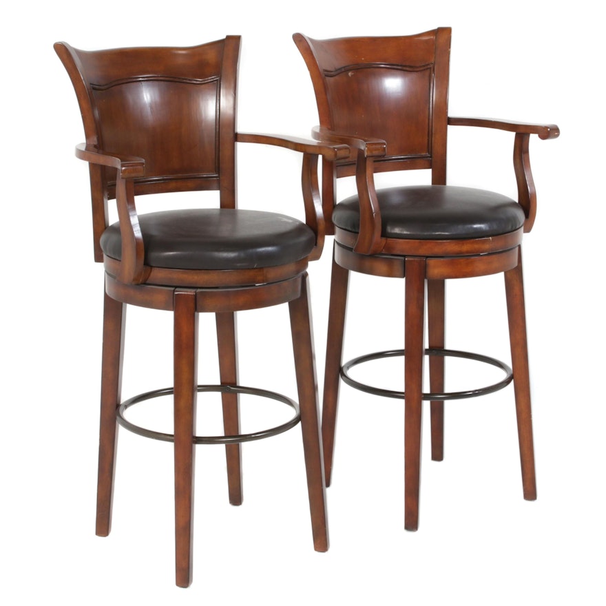 Transitional Style Leather Upholstered Swivel Barstools, Pair