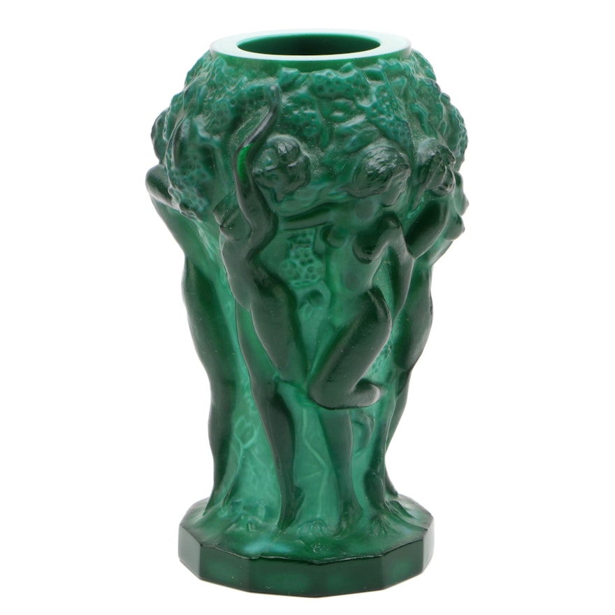 Czech Malachite Glass Figural Graces Bud Vase, 20th Century