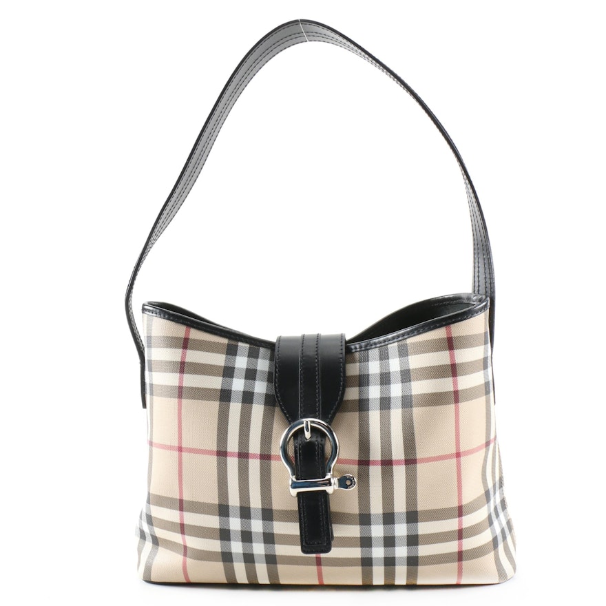Burberry "House Check" Coated Canvas and Black Leather Shoulder Bag