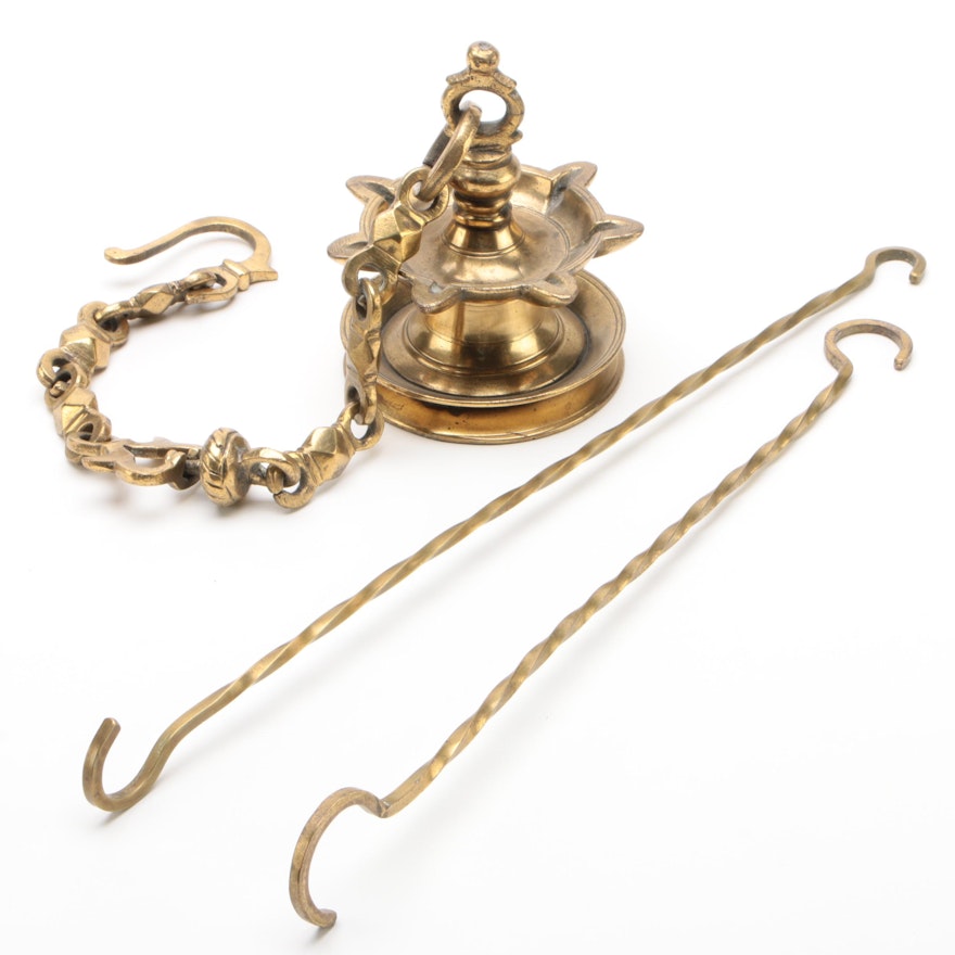 Indian Brass Hanging Diya Lamp with Hooks