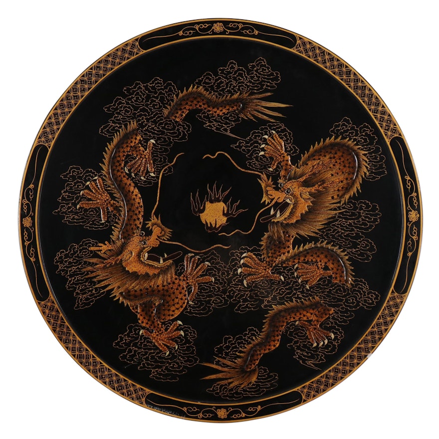 Chinese Dragon Mixed Media Painting on Circular Panel