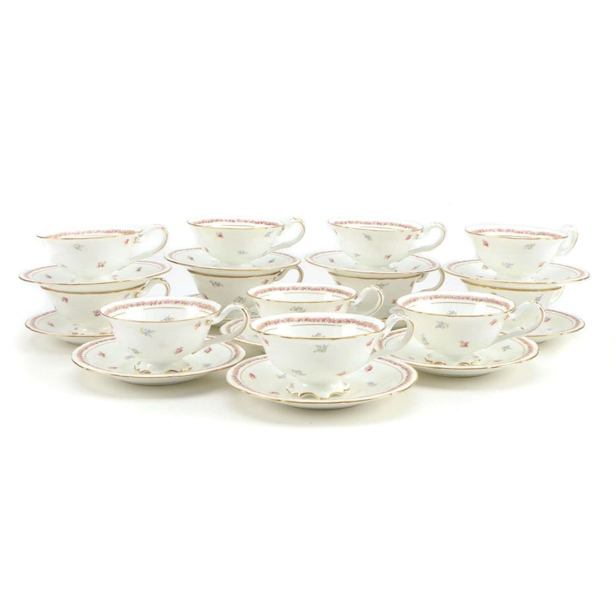 Cauldon English China Scalloped Edge Roses Motif Tea Cups and Saucers