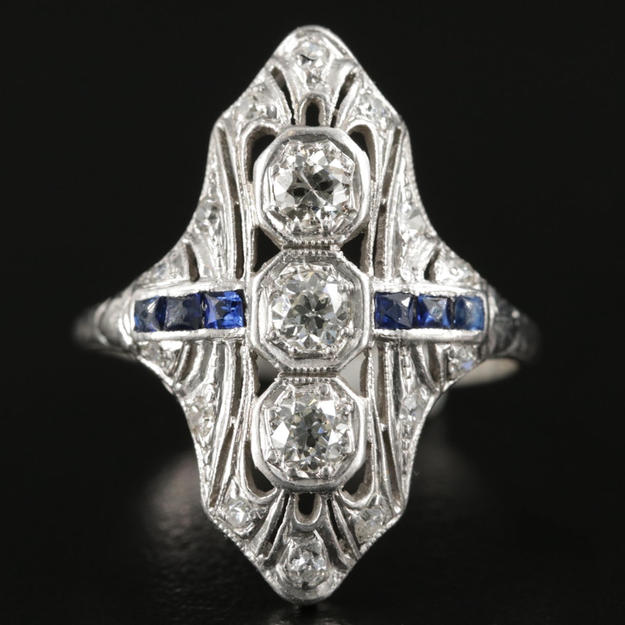 Edwardian Platinum Diamond and Synthetic Sapphire Ring