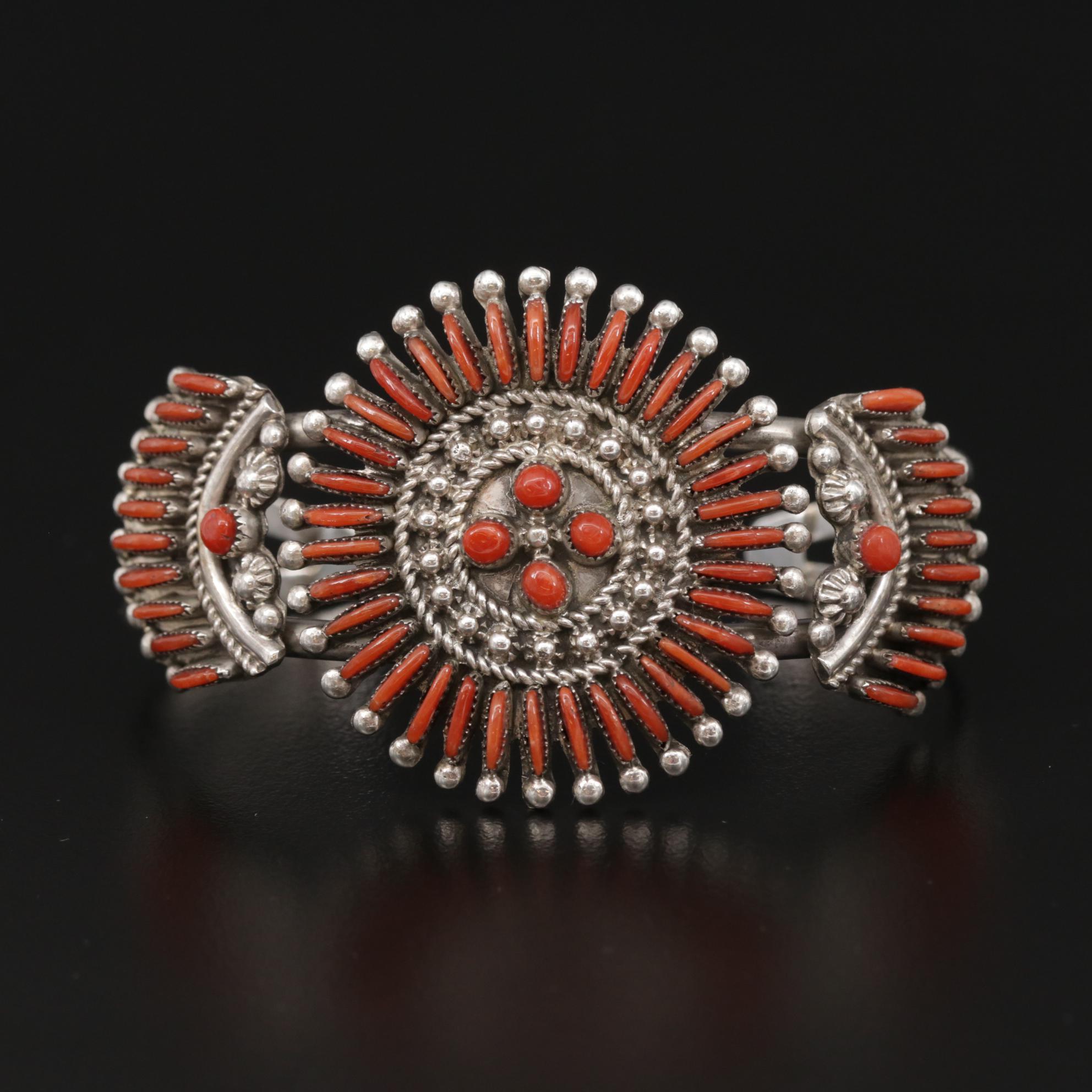 Ray & Eva Wyaco Zuni Coral Needlepoint Cuff Bracelet in Sterling