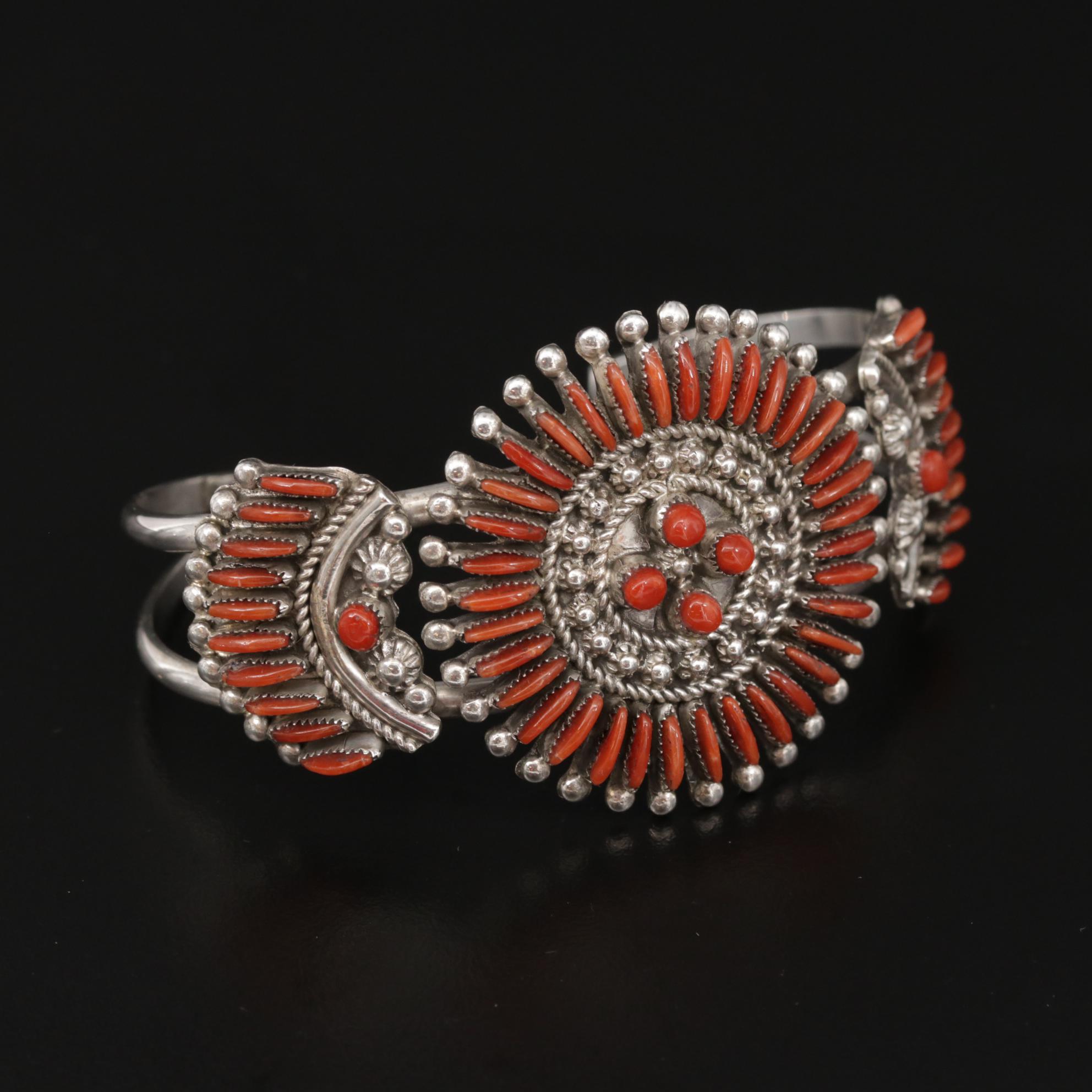 Ray & Eva Wyaco Zuni Coral Needlepoint Cuff Bracelet in Sterling