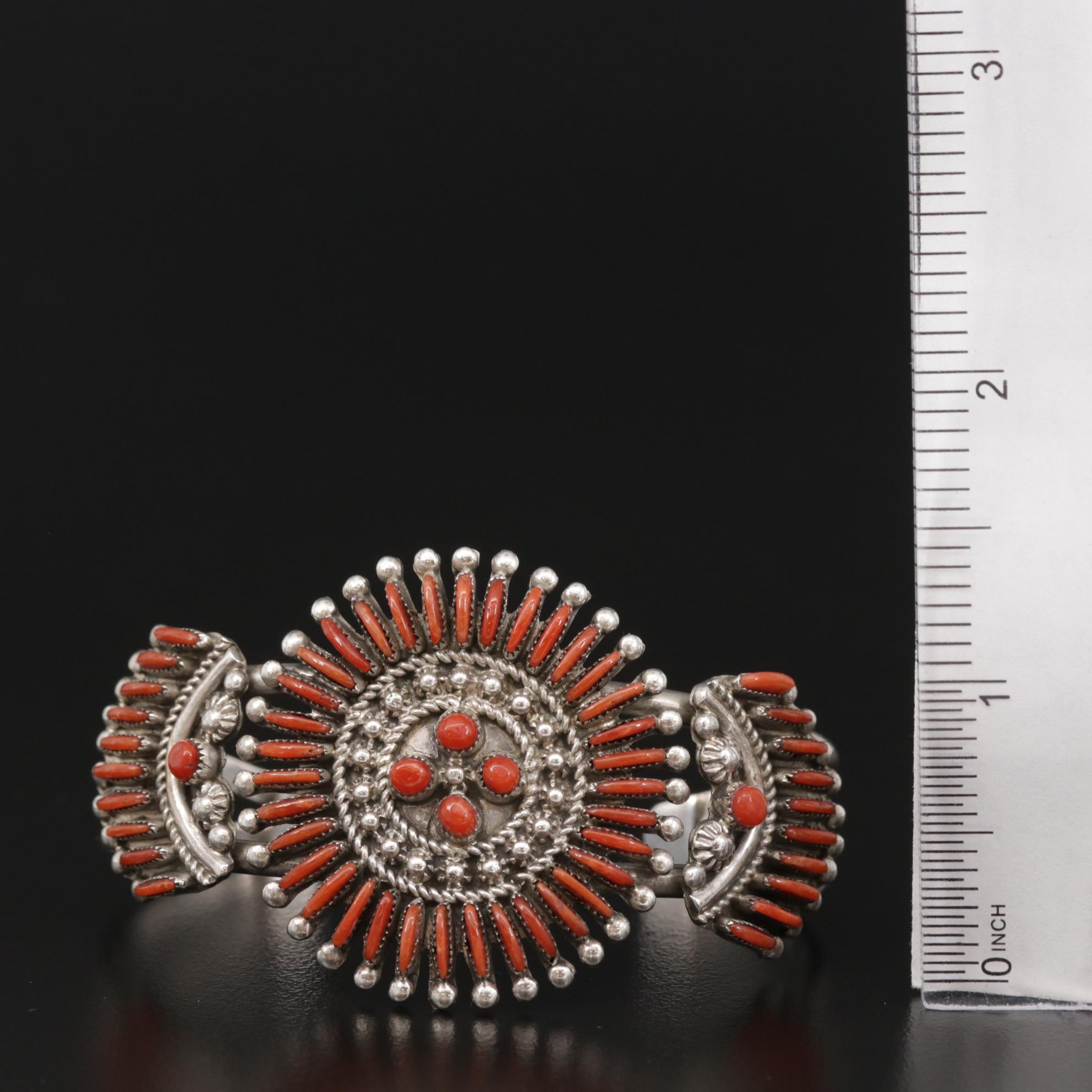 Ray & Eva Wyaco Zuni Coral Needlepoint Cuff Bracelet in Sterling