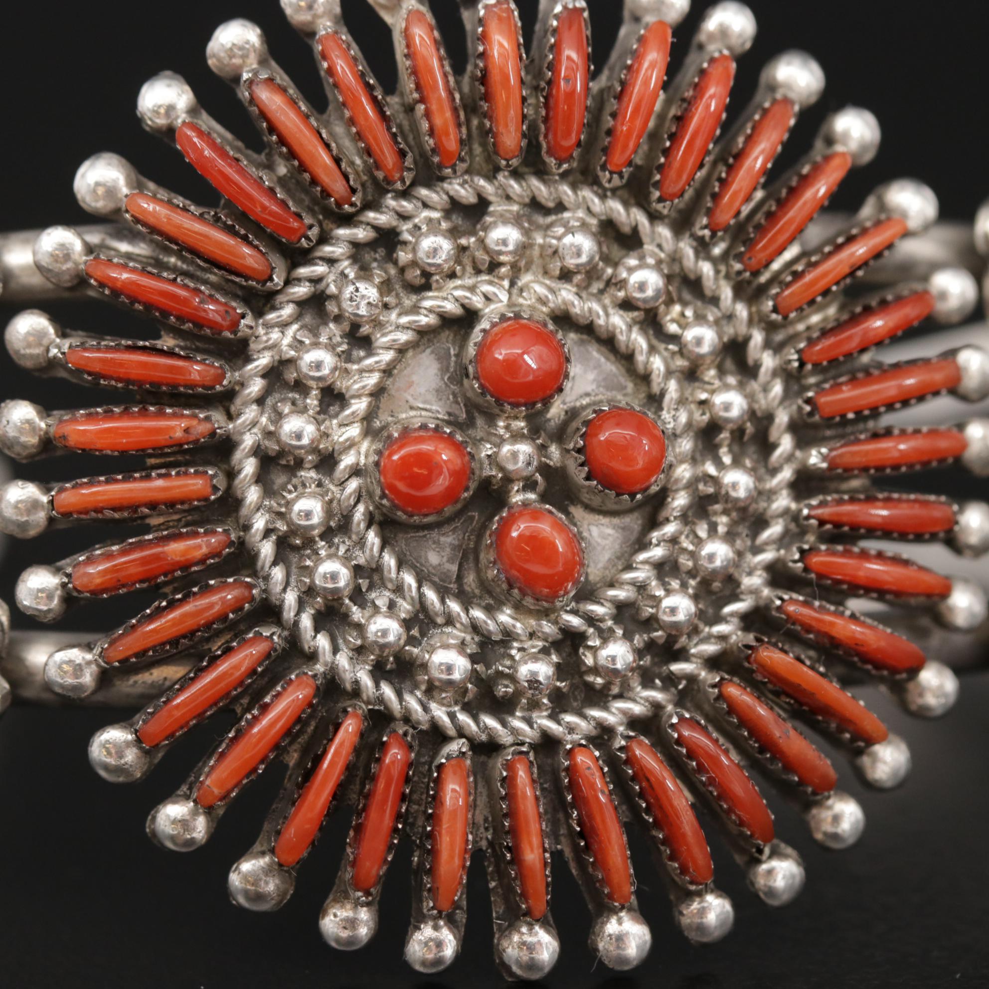 Ray & Eva Wyaco Zuni Coral Needlepoint Cuff Bracelet in Sterling