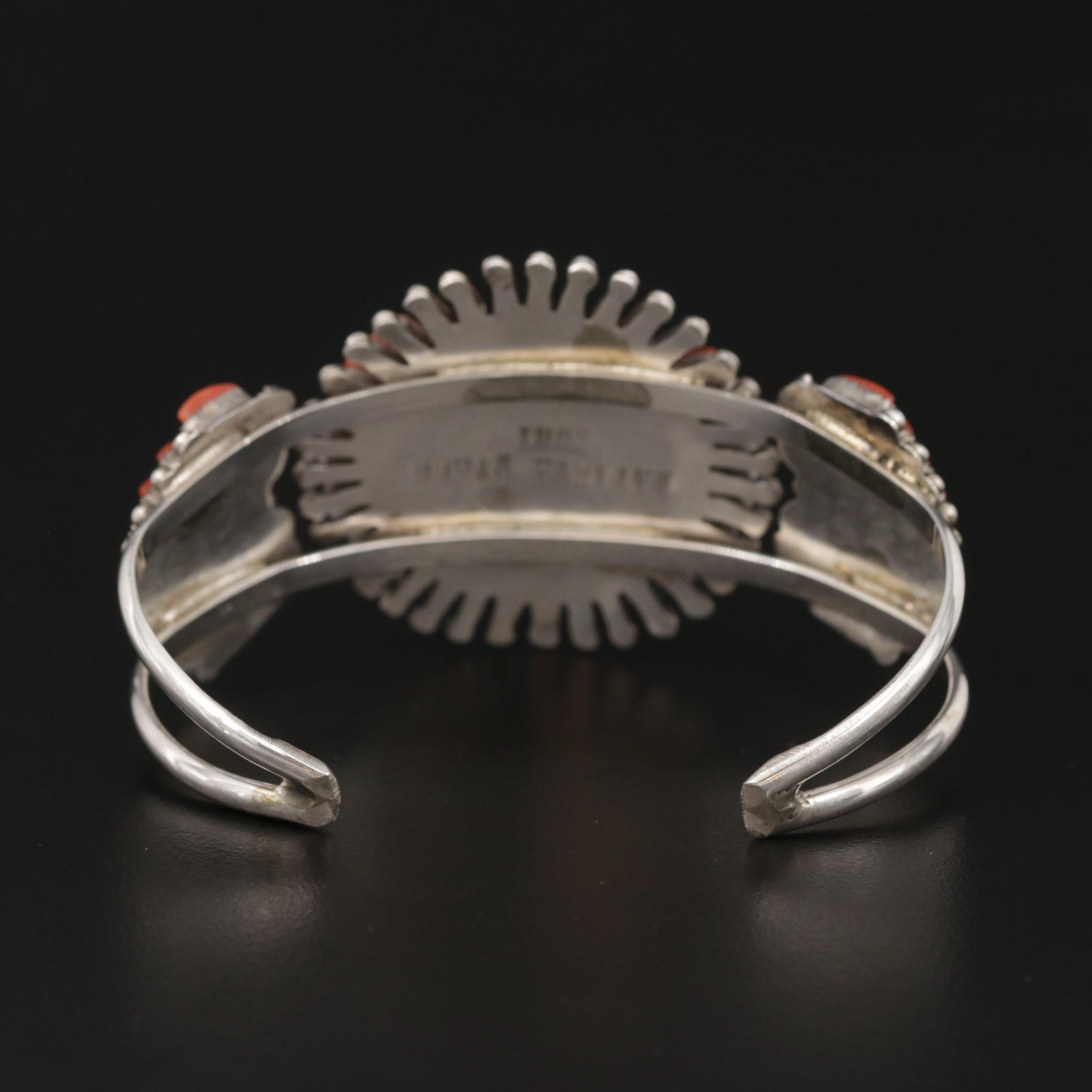 Ray & Eva Wyaco Zuni Coral Needlepoint Cuff Bracelet in Sterling