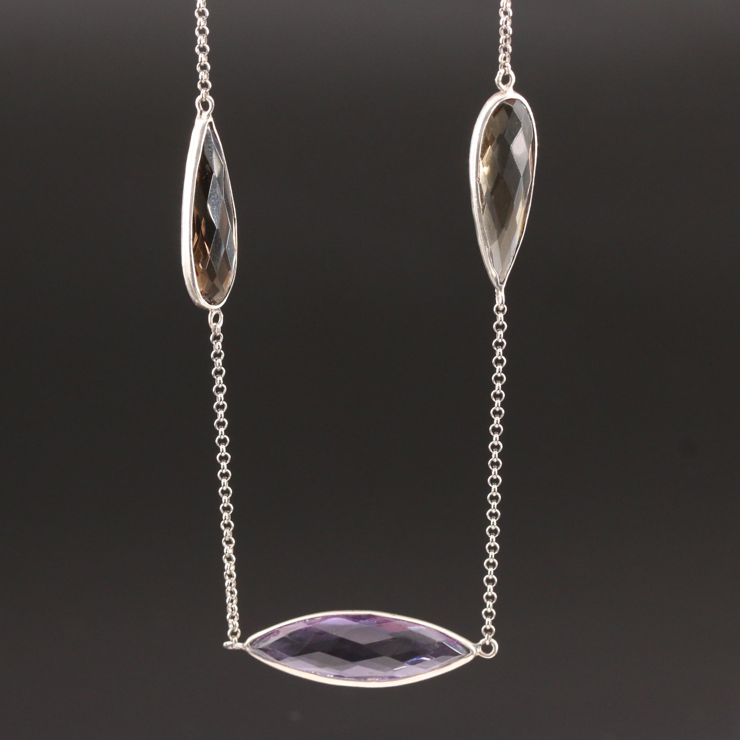 Lori Bonn Sterling Silver Amethyst and Smoky Quartz Station Necklace