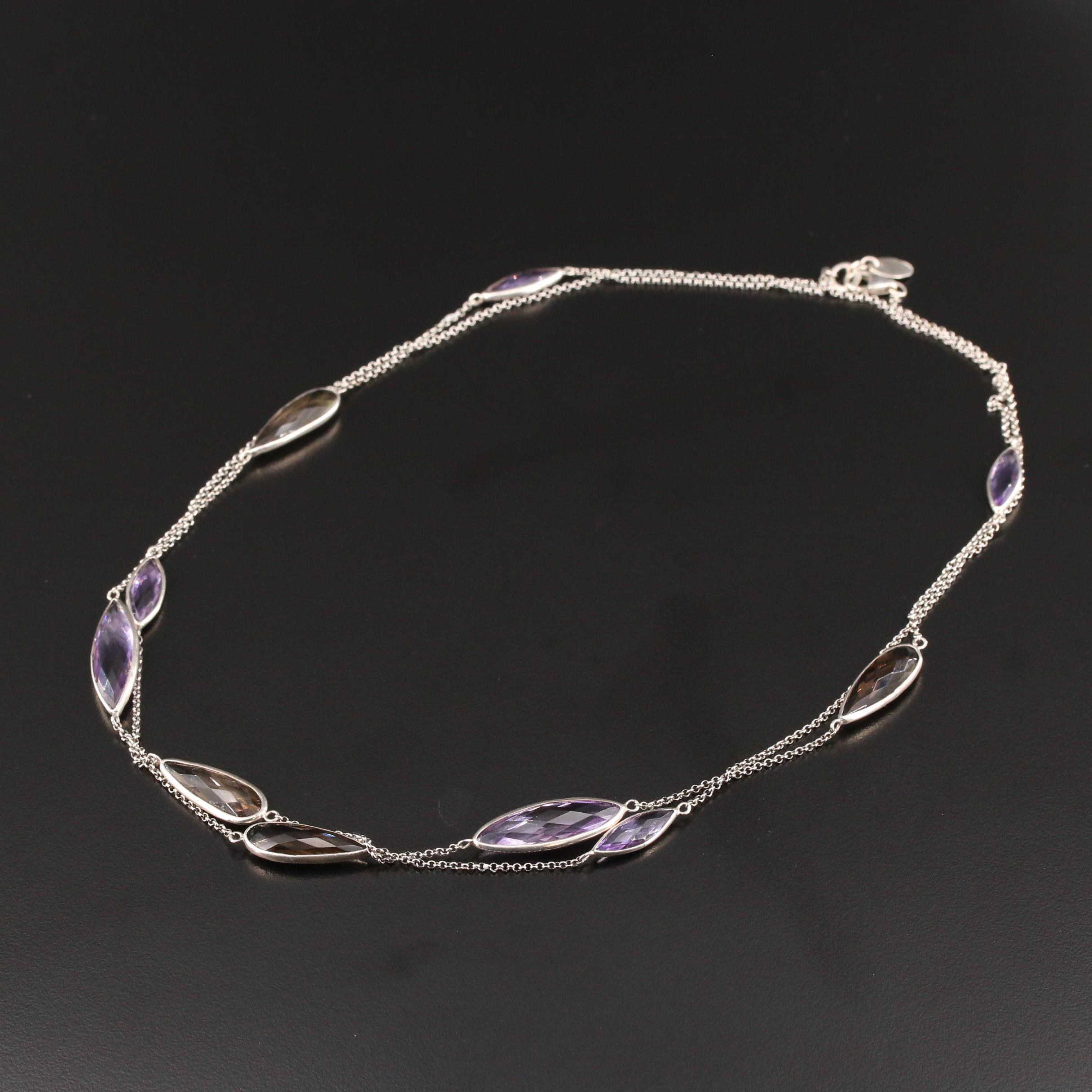 Lori Bonn Sterling Silver Amethyst and Smoky Quartz Station Necklace