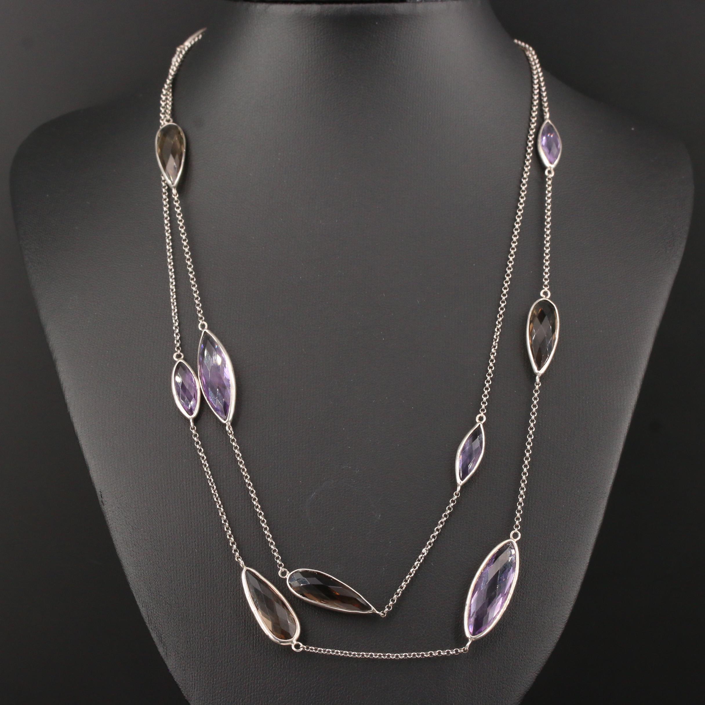 Lori Bonn Sterling Silver Amethyst and Smoky Quartz Station Necklace