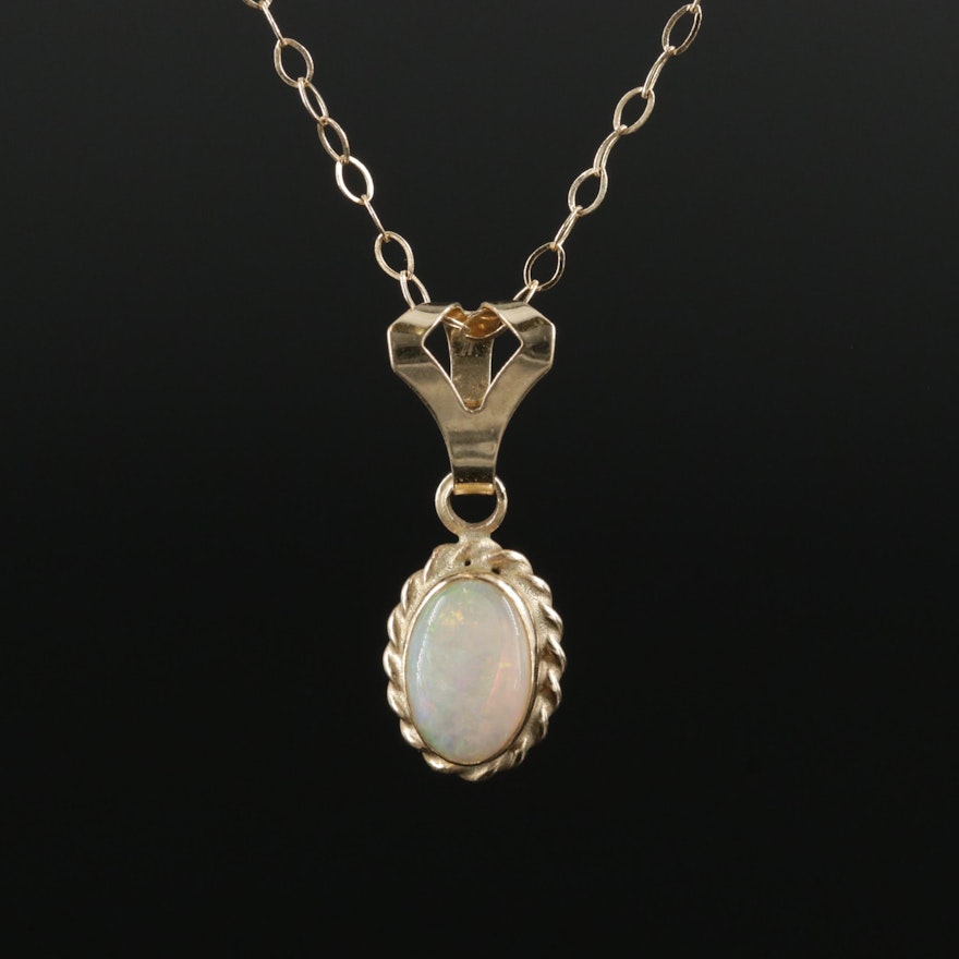 14K Yellow Gold Opal Pendant on Cable Chain Necklace
