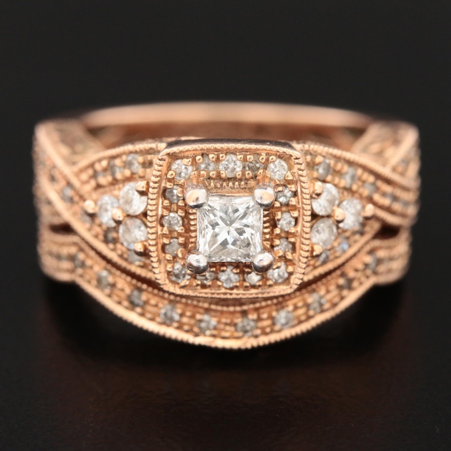 14K Rose Gold Diamond Crossover Ring and Shadow Band Set