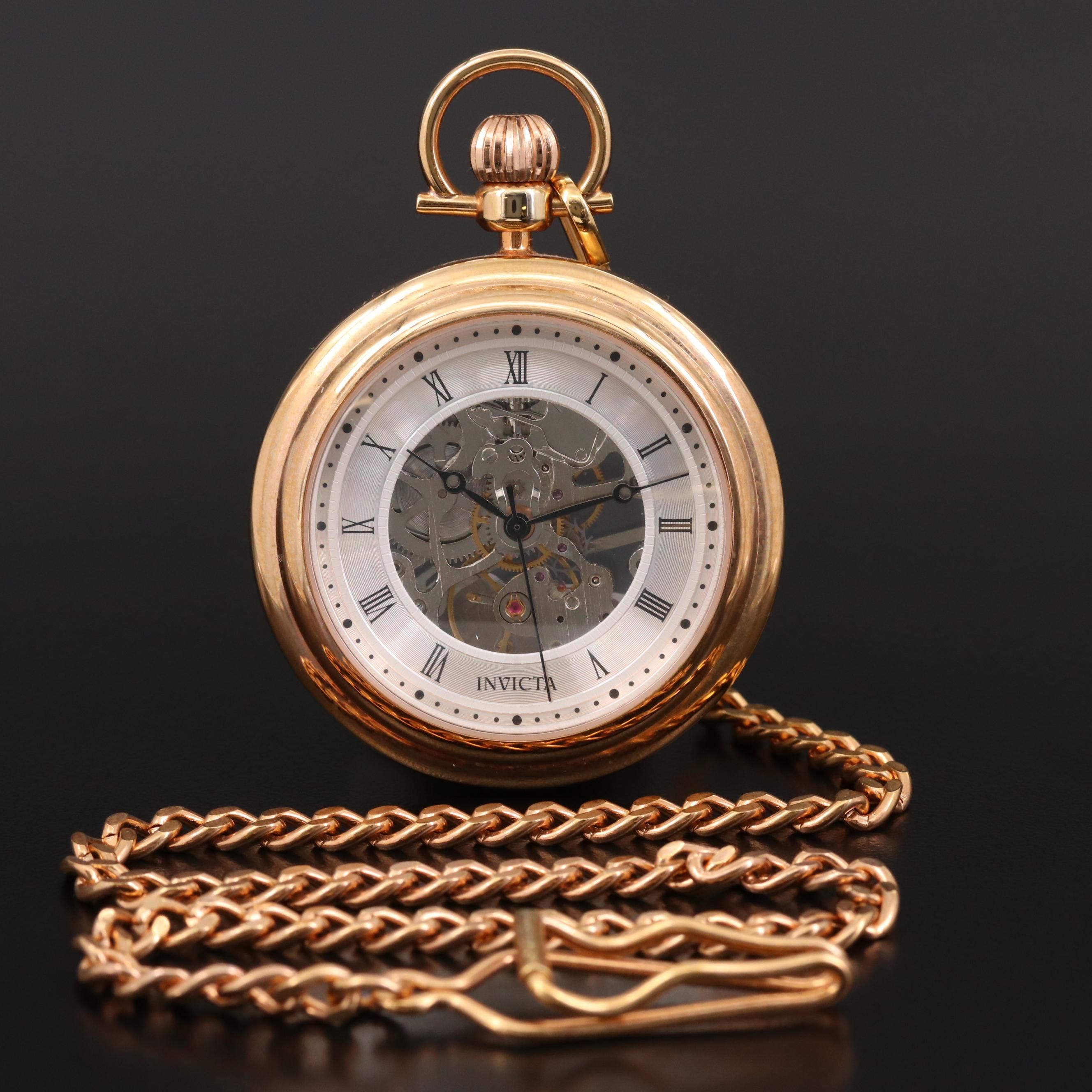 Invicta Skeleton Case Stainless Steel Pocket Watch with Chain Fob