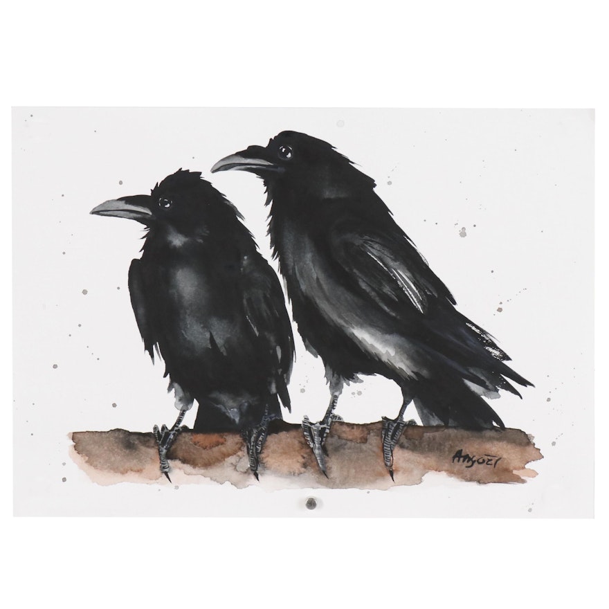 Anne Gorywine Watercolor Painting of Two Ravens on Tree Branch