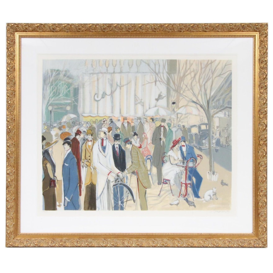 Isaac Maimon Gouache-Embellished Color Lithograph of Parisian Street Scene