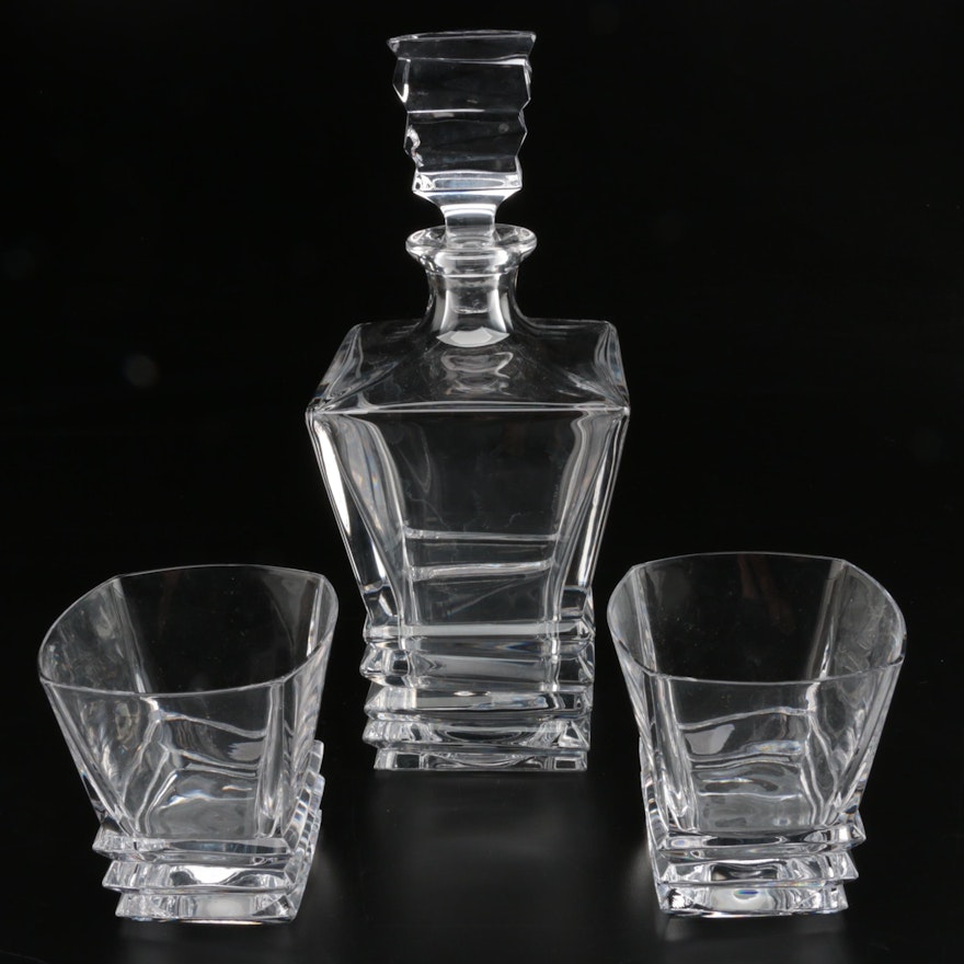 Cut Crystal Decanter with Matching Rocks Glasses