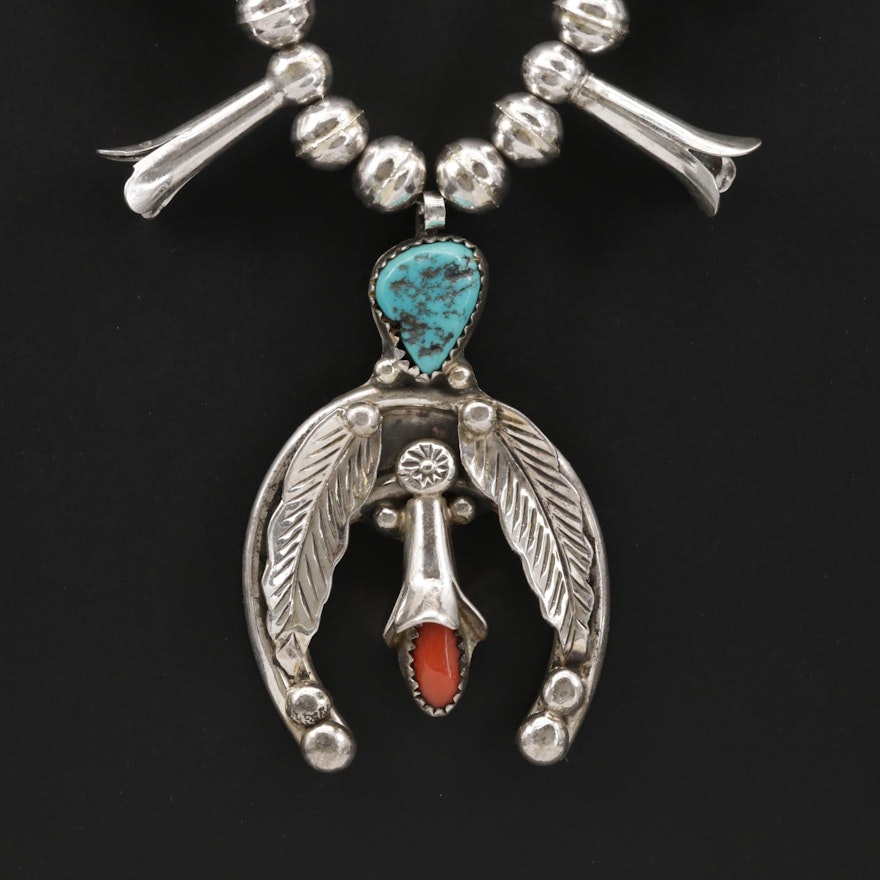 Signed Southwestern Sterling Turquoise and Coral Squash Blossom Naja Necklace