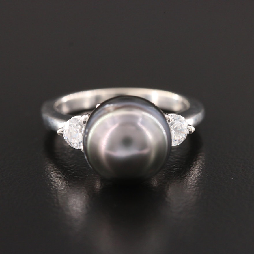 14K White Gold Cultured Pearl and Swarovski Crystal Ring