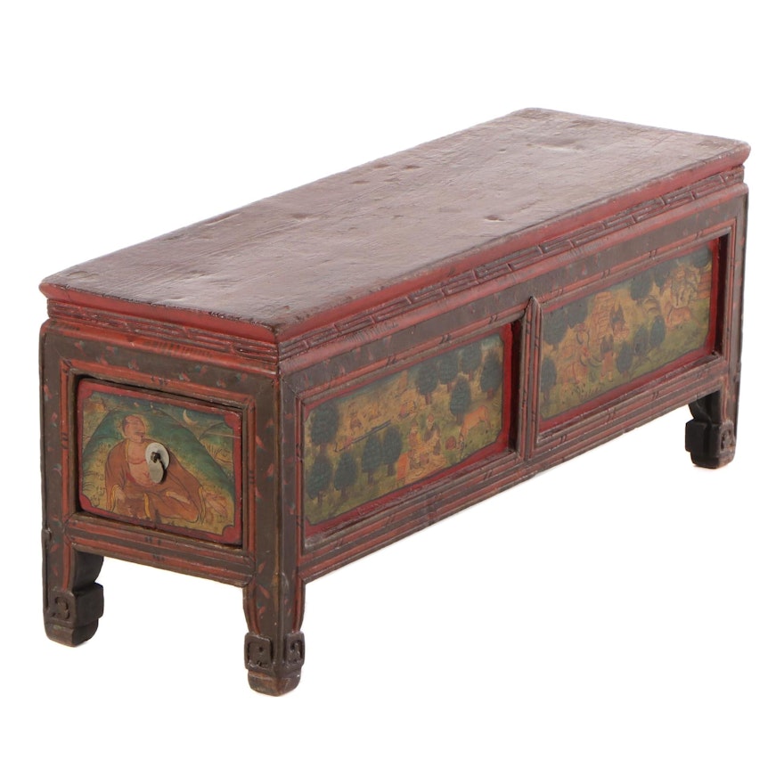 Chinese Paint-Decorated Bench with Side Drawer, Early to Mid 20th Century