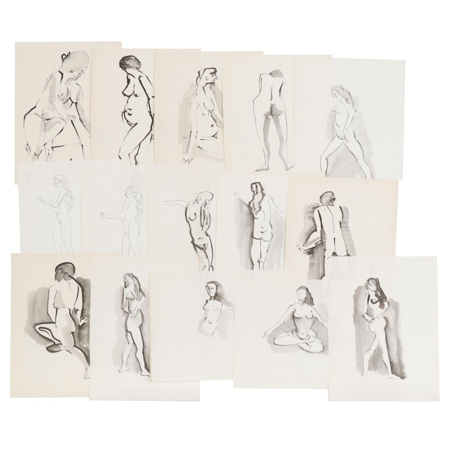 John A. Begg India Ink Nude Figure Studies, Mid 20th Century