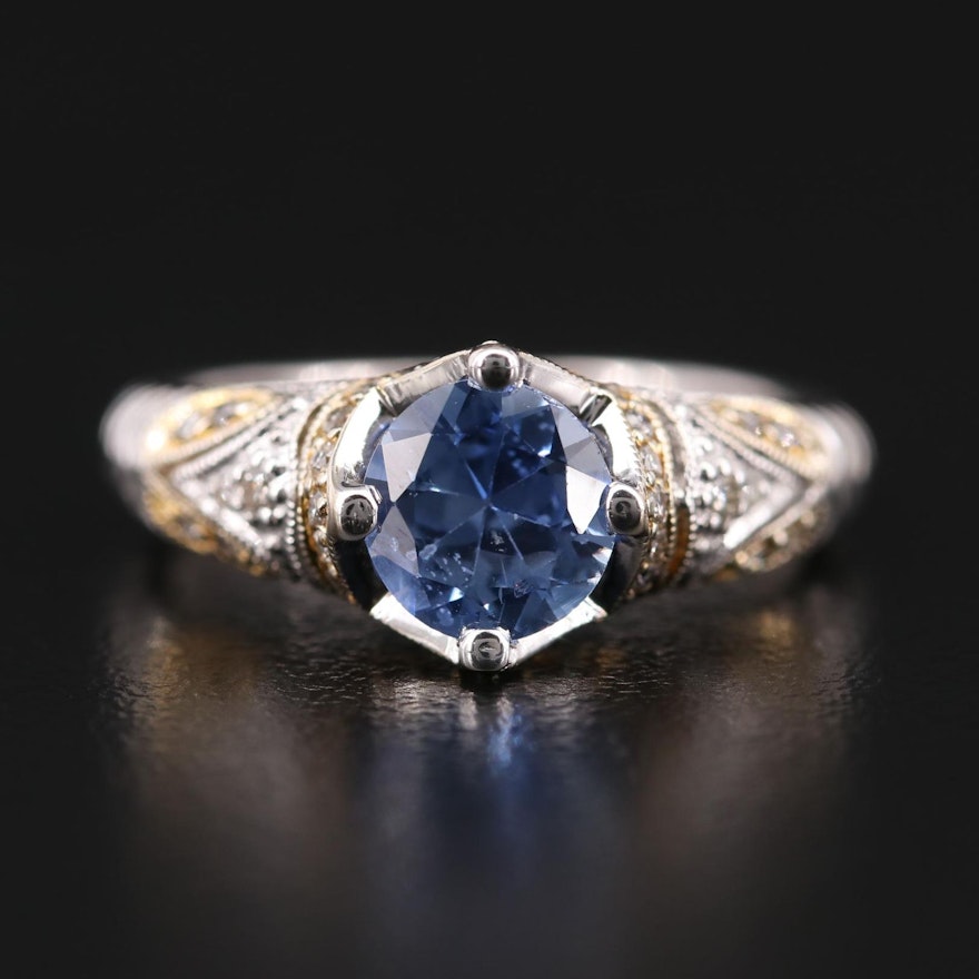 14K White Gold 1.36 CT Sapphire and Diamond Ring with Yellow Gold Accents