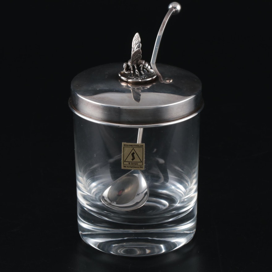 Otto Wolter Sterling and Glass Honey Pot with Bee Finial, Late 20th Century