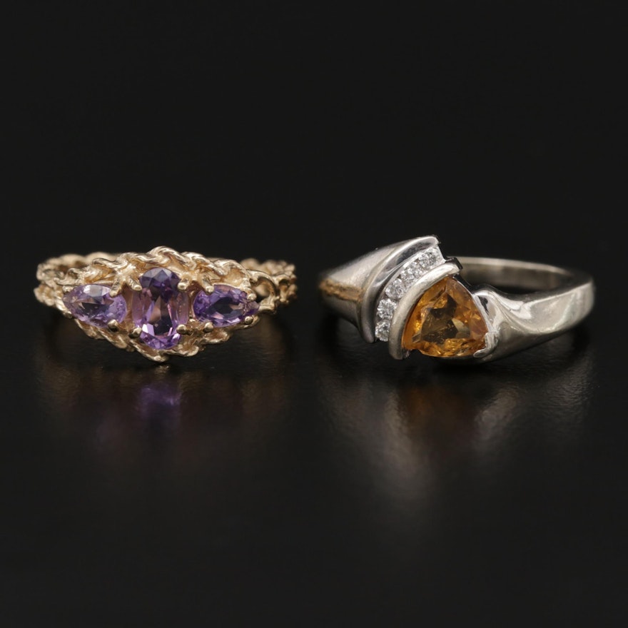 10K Yellow and White Gold Amethyst and Citrine with Diamond Rings