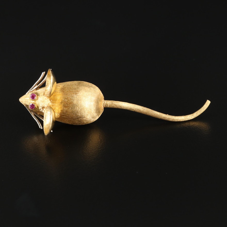 1950s Joseph Merrin 18K Yellow Gold Mouse Brooch with Ruby Eyes