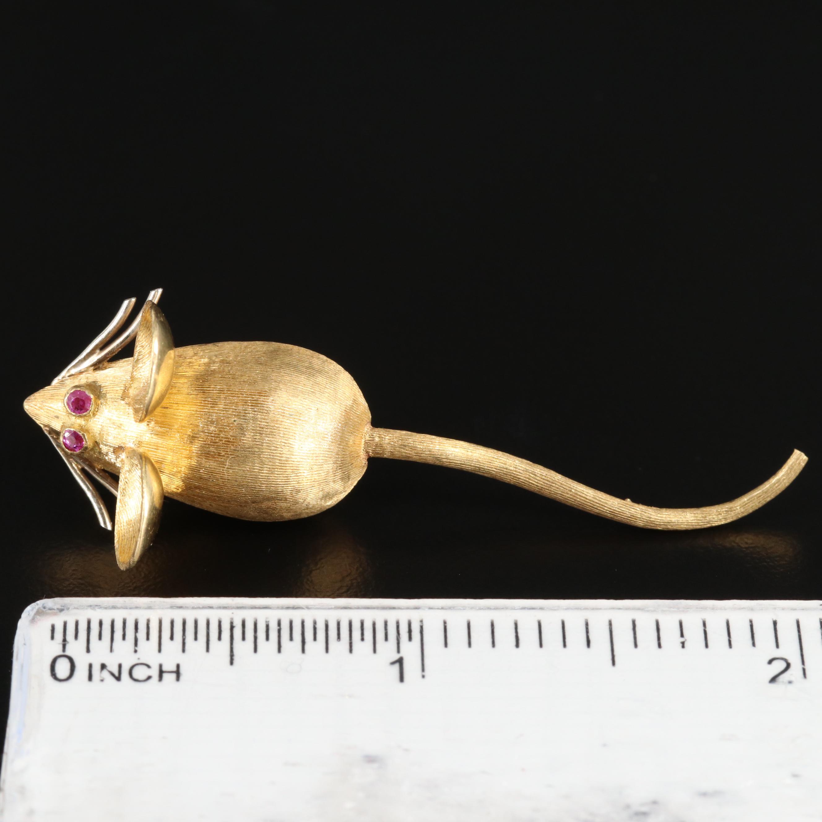 1950s Joseph Merrin 18K Yellow Gold Mouse Brooch with Ruby Eyes