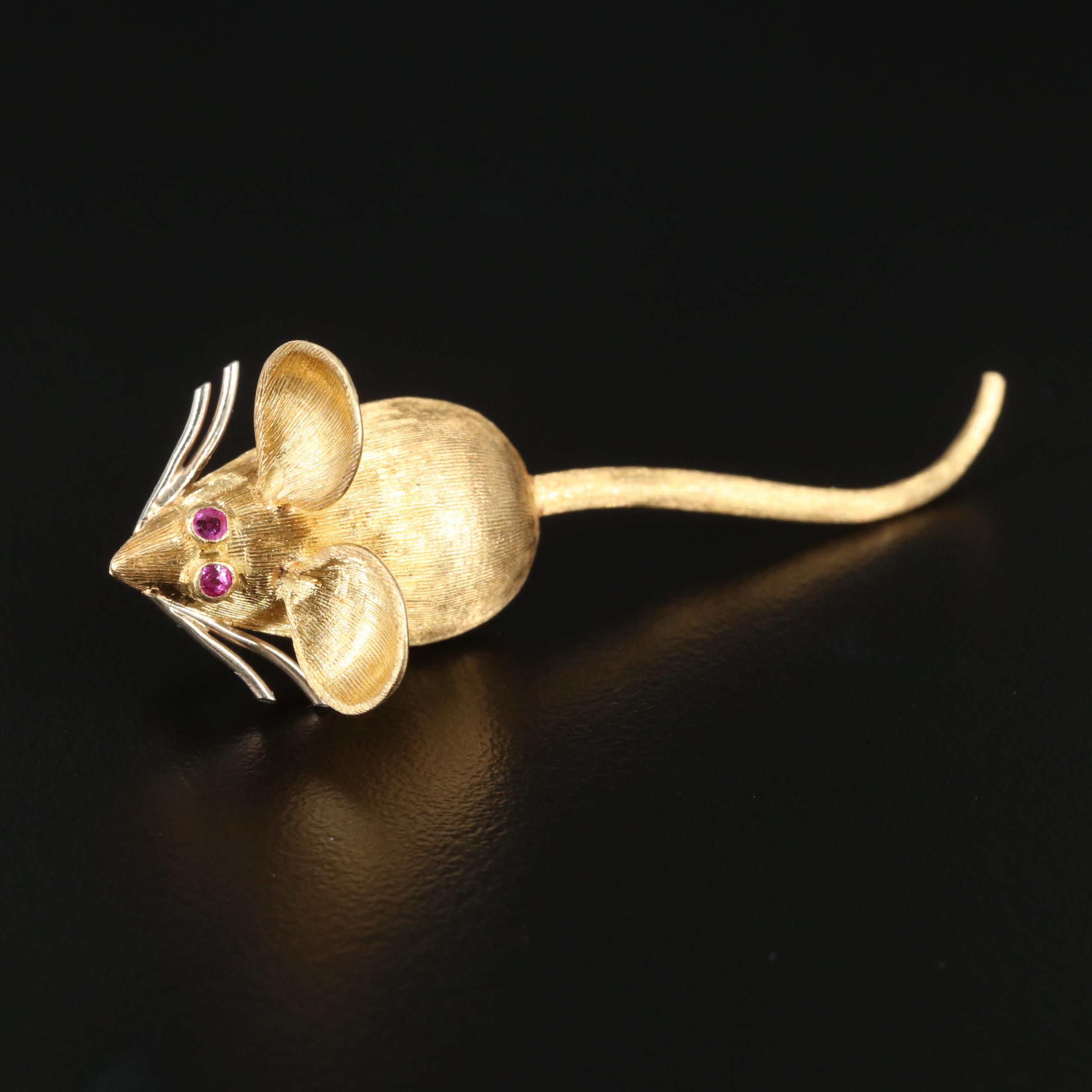 1950s Joseph Merrin 18K Yellow Gold Mouse Brooch with Ruby Eyes