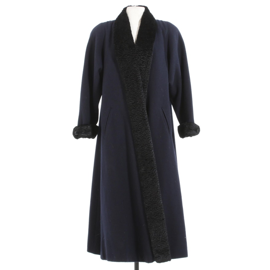 Paul Levy Navy Blue Wool Coat Trimmed in Black Persian Lamb