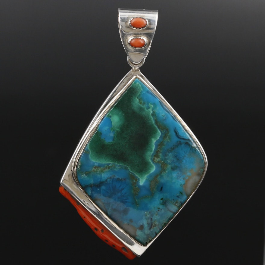 VinCent Sterling Chrysocolla and Coral Pendant with 14K Bezel