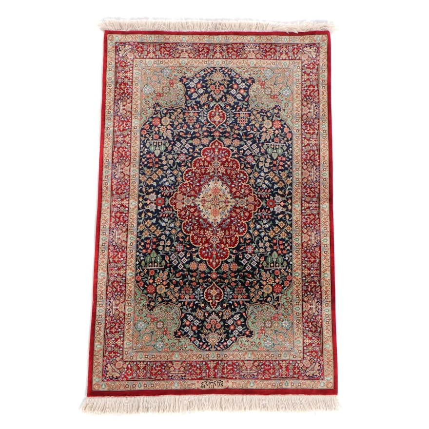 2'5 x 4'3 Hand-Knotted Indo-Persian Kashmir Signed Wool and Silk Accent Rug