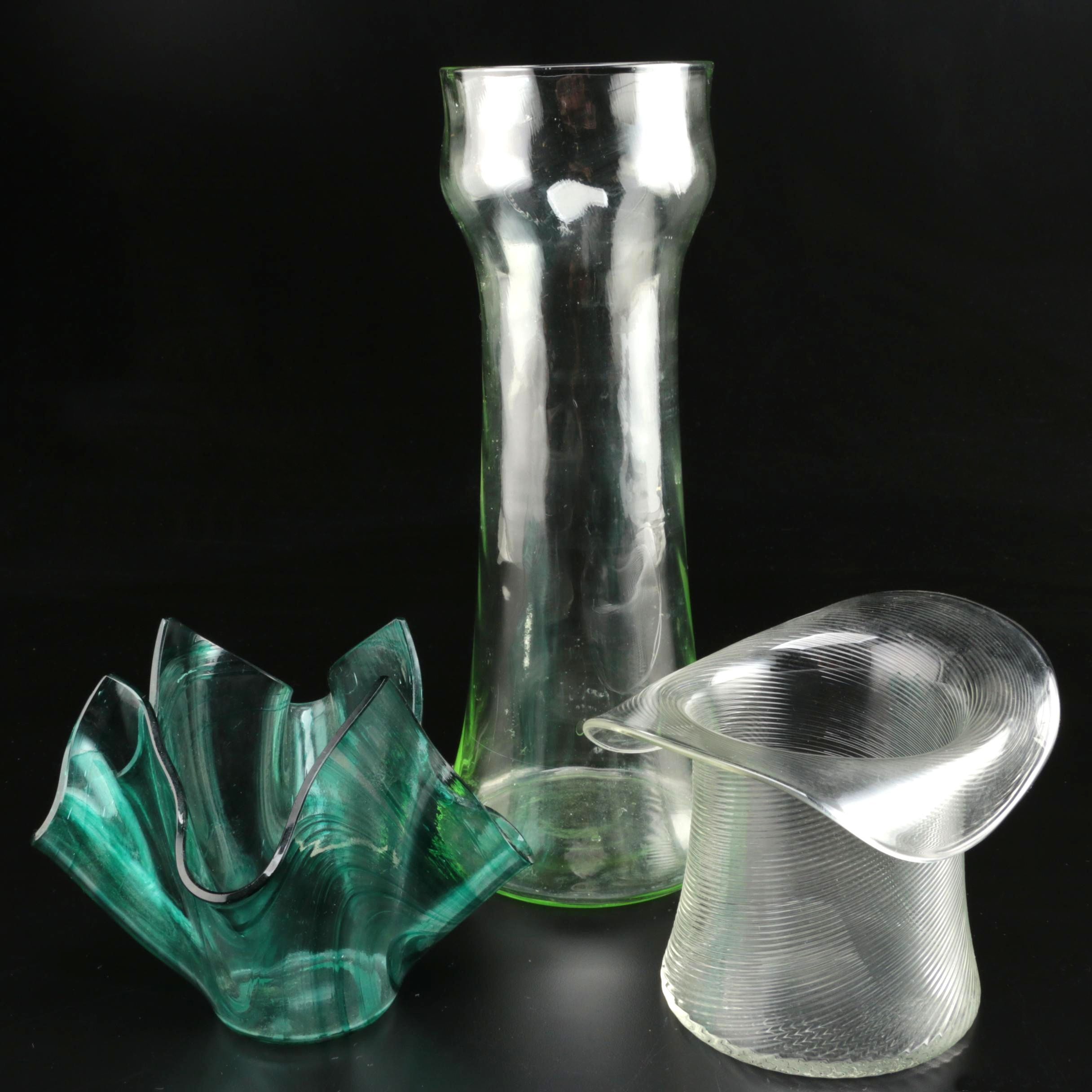 Art Glass Vases Including Signed Green Handkerchief Vase