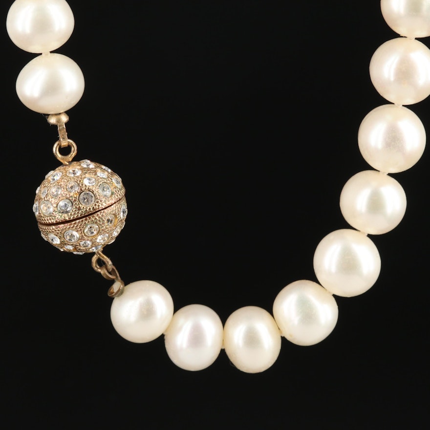 Pearl Strand Necklace Featuring Rhinestone Encrusted Clasp