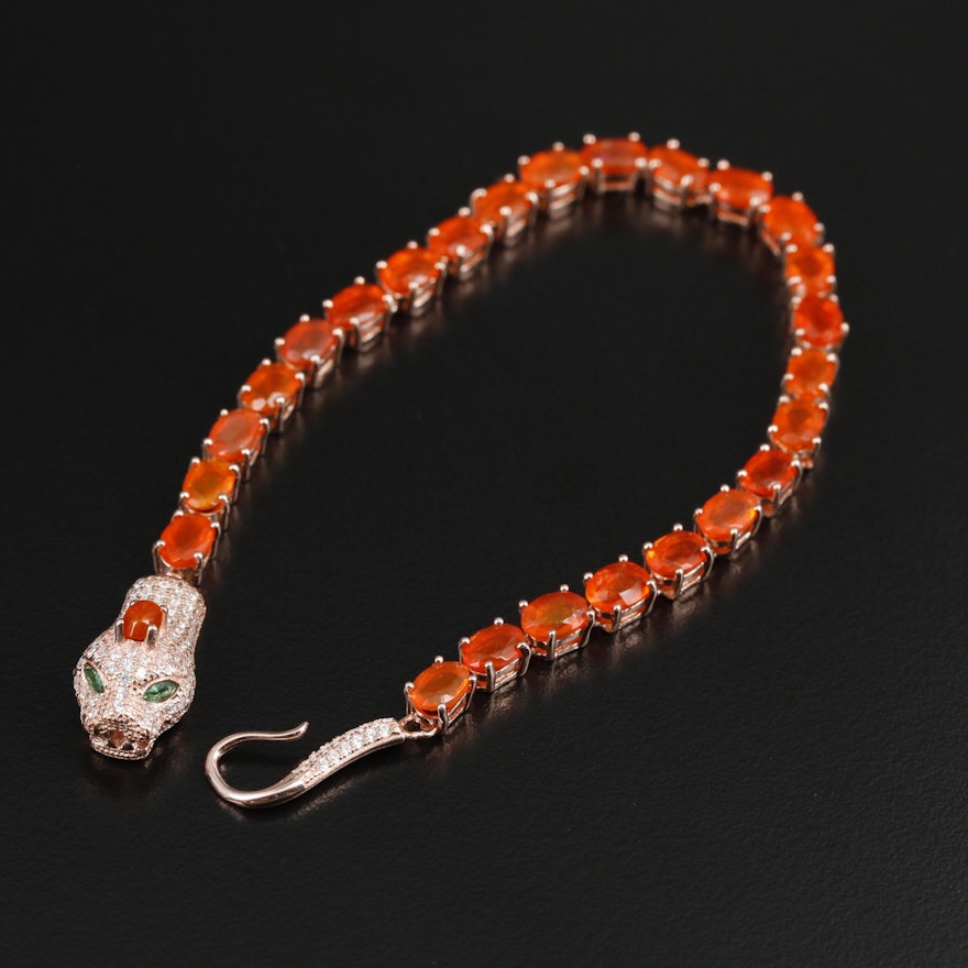 Sterling Fire Opal Line Bracelet with Snake Head Closure