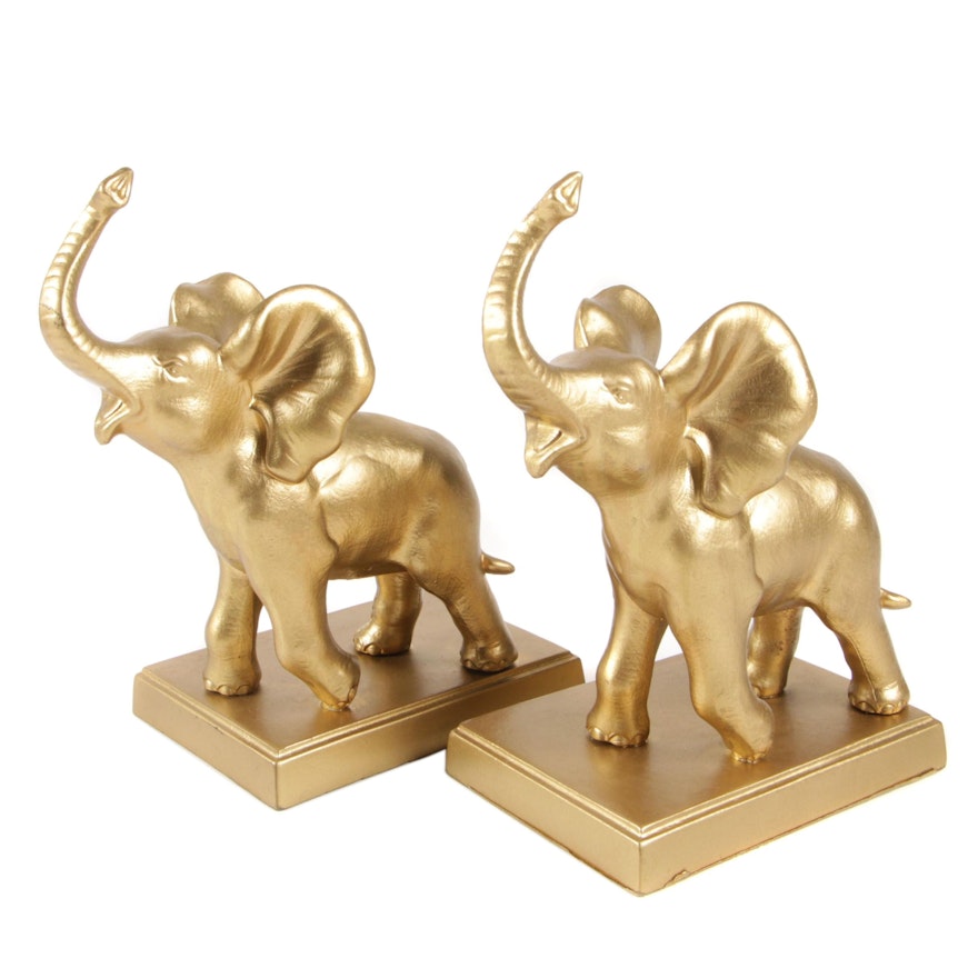 Gold Tone Ceramic Elephant Bookends