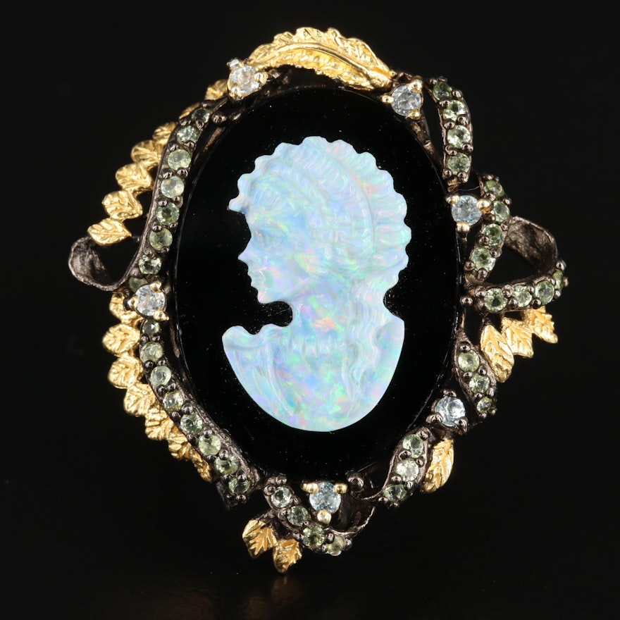 Sterling Carved Opal and Black Onyx Cameo Ring with Topaz and Prasiolite